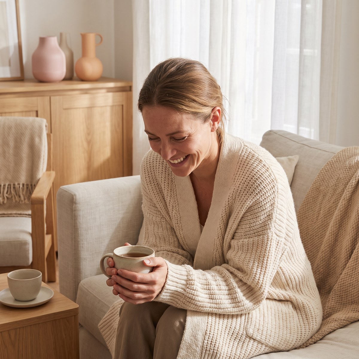 Frau entspannt zu Hause mit einer Tasse Tee