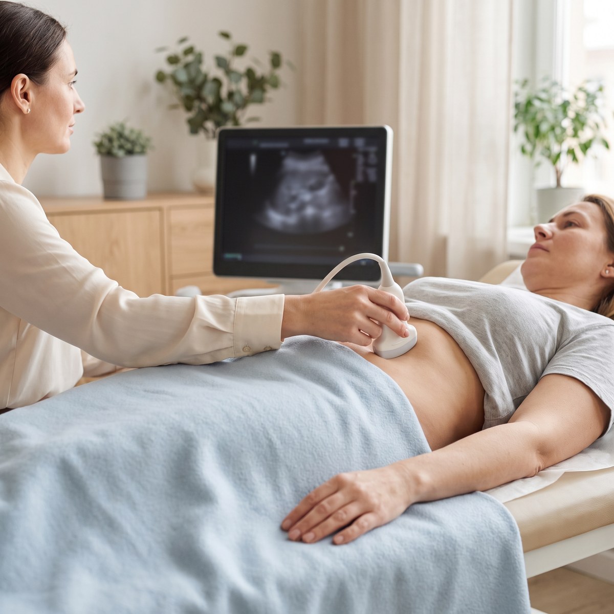 Ultraschalluntersuchung des Oberbauchs bei einer liegenden Patientin