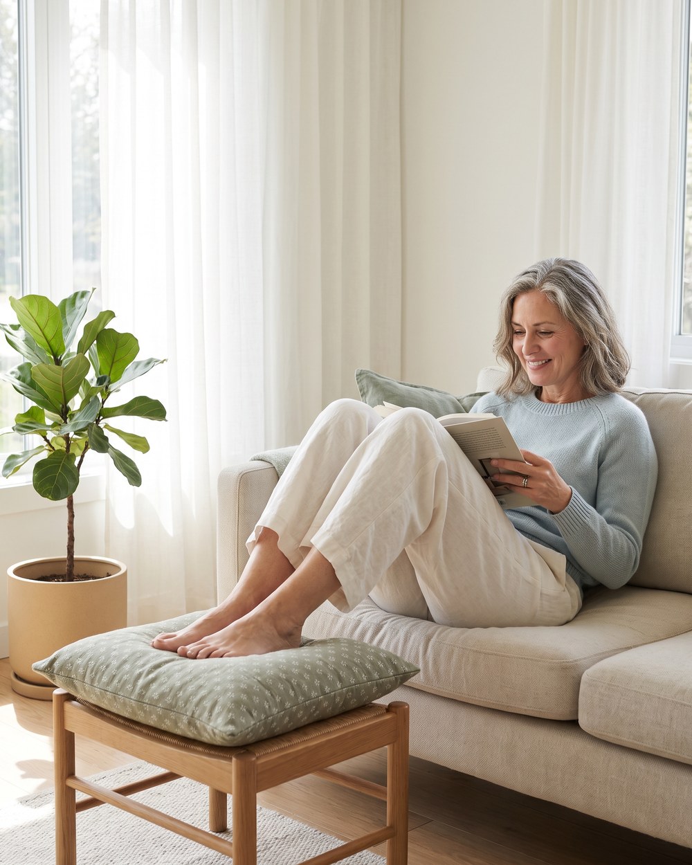 Frau sitzt mit hochgelagerten Beinen entspannt auf dem Sofa