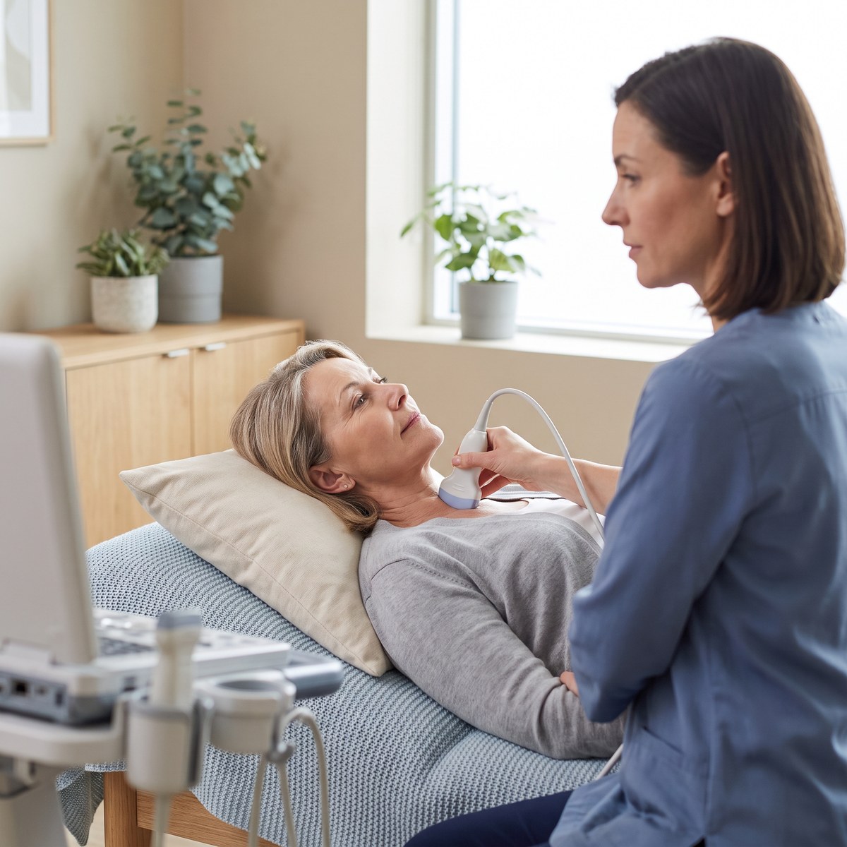 Ultraschall der Halsschlagader bei einer liegenden Patientin