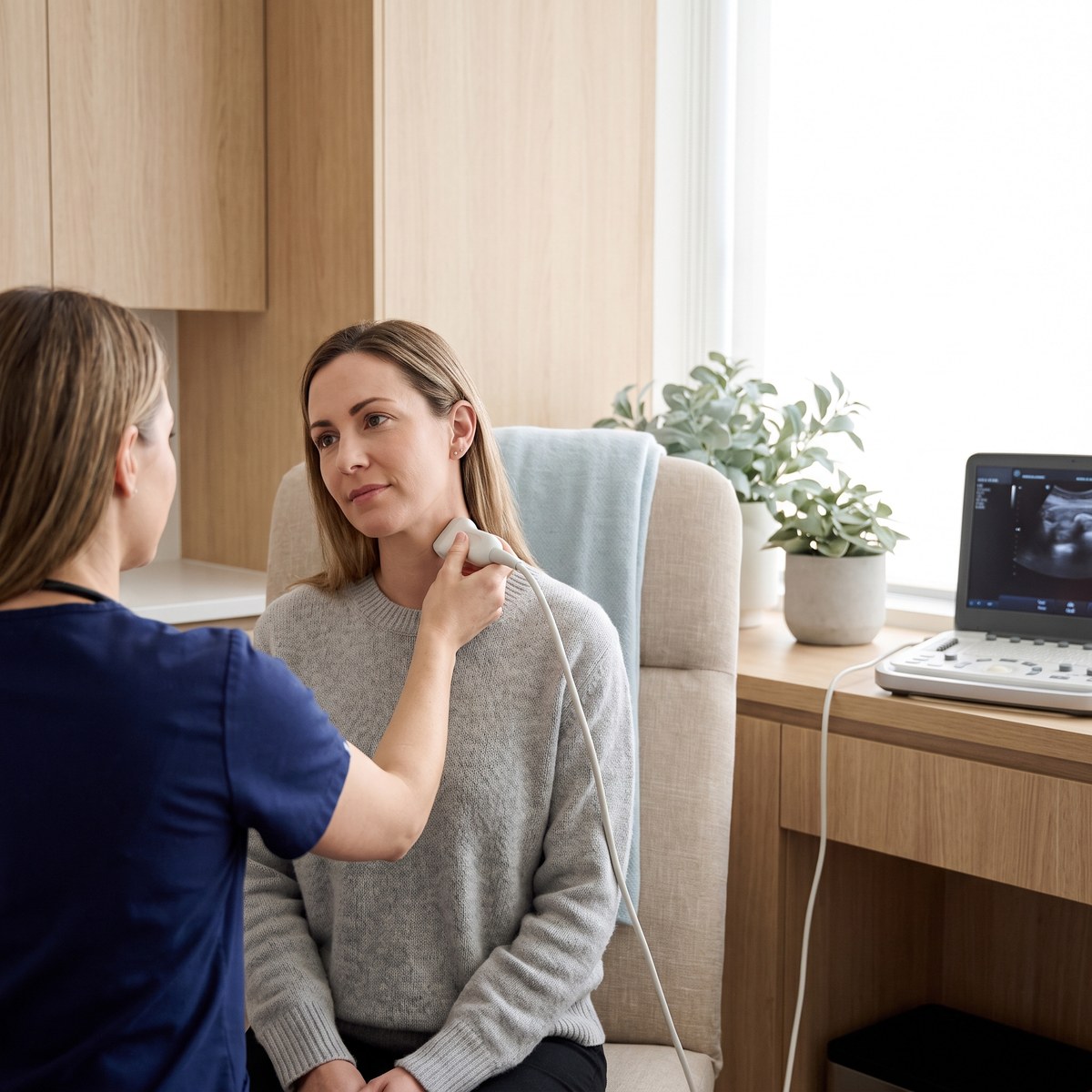 Ultraschall unterhalb des Kiefers bei einer sitzenden Patientin