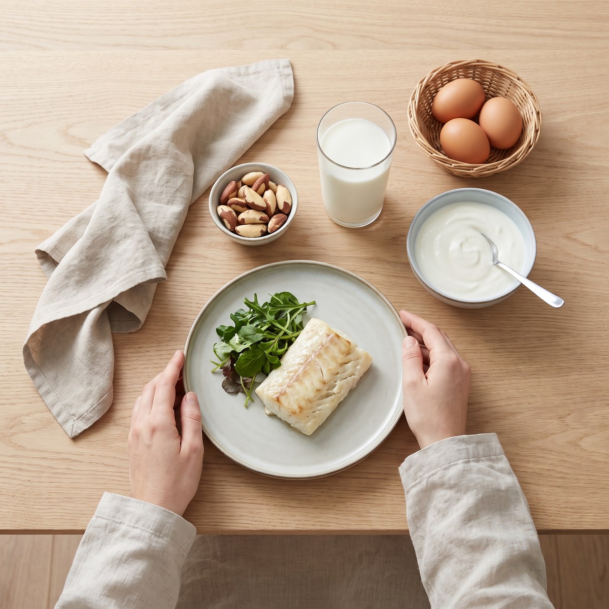 Teller mit Fisch, Nüssen und Milchprodukten