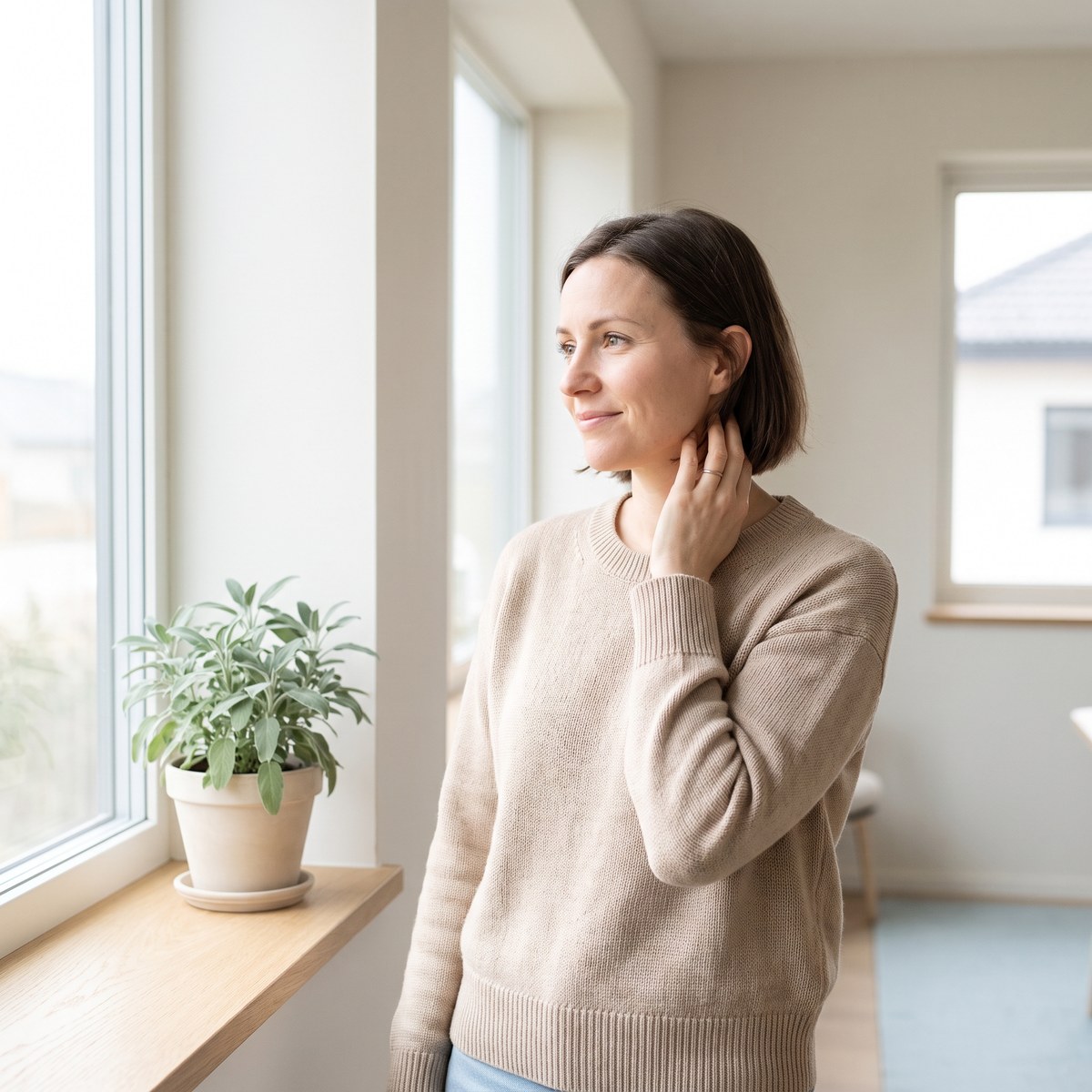 Frau steht ruhig am Fenster, eine Hand am Hals