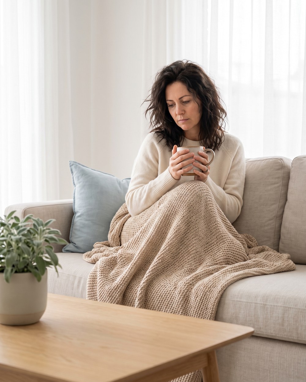 Frau mit Tasse in eine Decke gehüllt auf dem Sofa