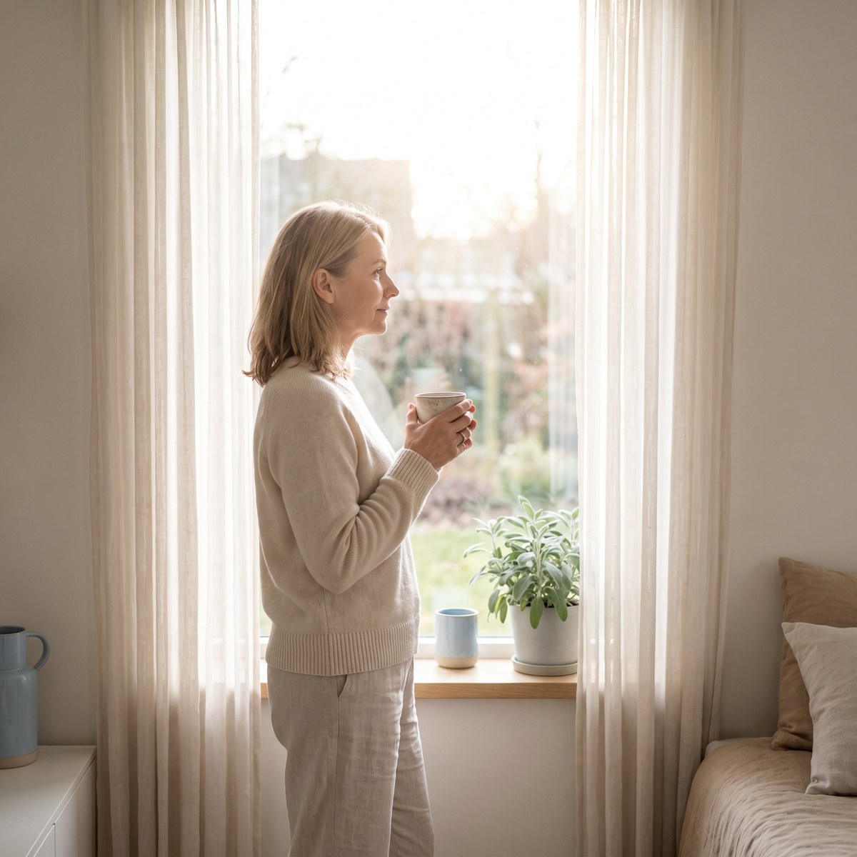 Frau am Fenster, ruhig und zuversichtlich