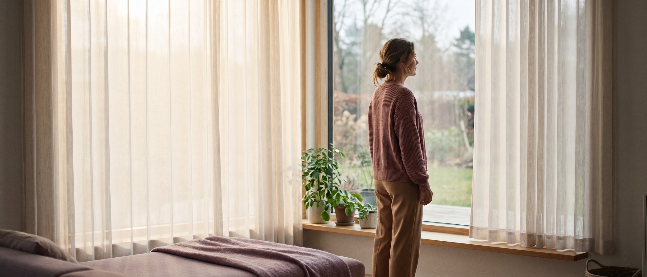 Frau am Fenster – Gesundheit nach der Behandlung langfristig sichern